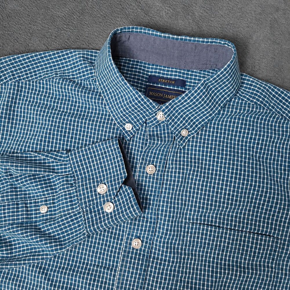 Mason James Shirt Mens Medium Blue White Stretch Striped Gingham Plaid Pocket